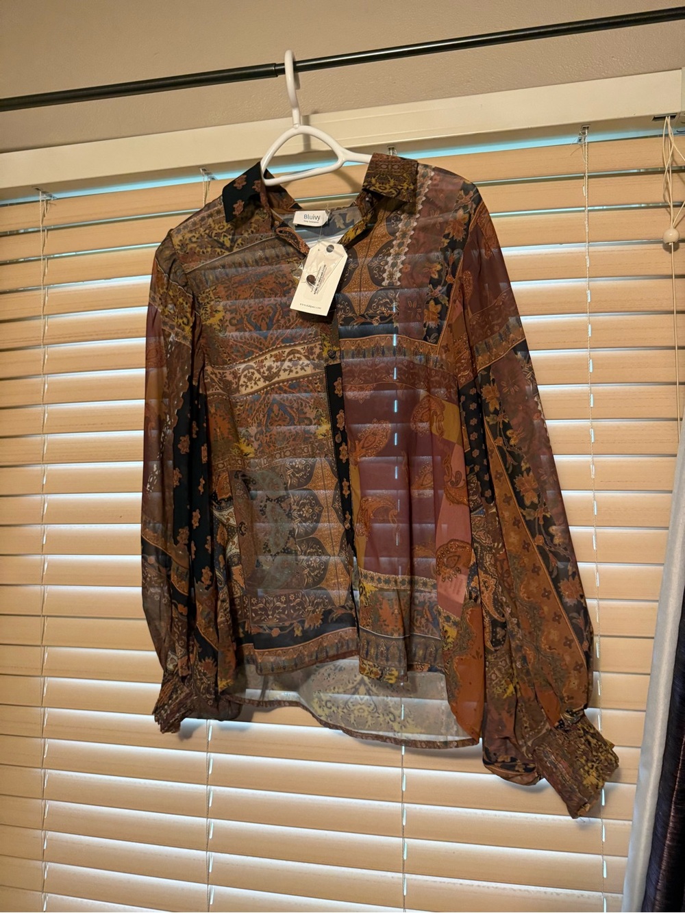 Bluivy Paisley Patchwork Sheer Shirt Button Up in Brown Multi-Tone